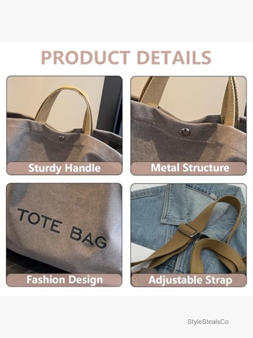 Canvas Tote Bag Large Capacity Crossbody Shoulder Bag with Pockets - Picture 5 of 7